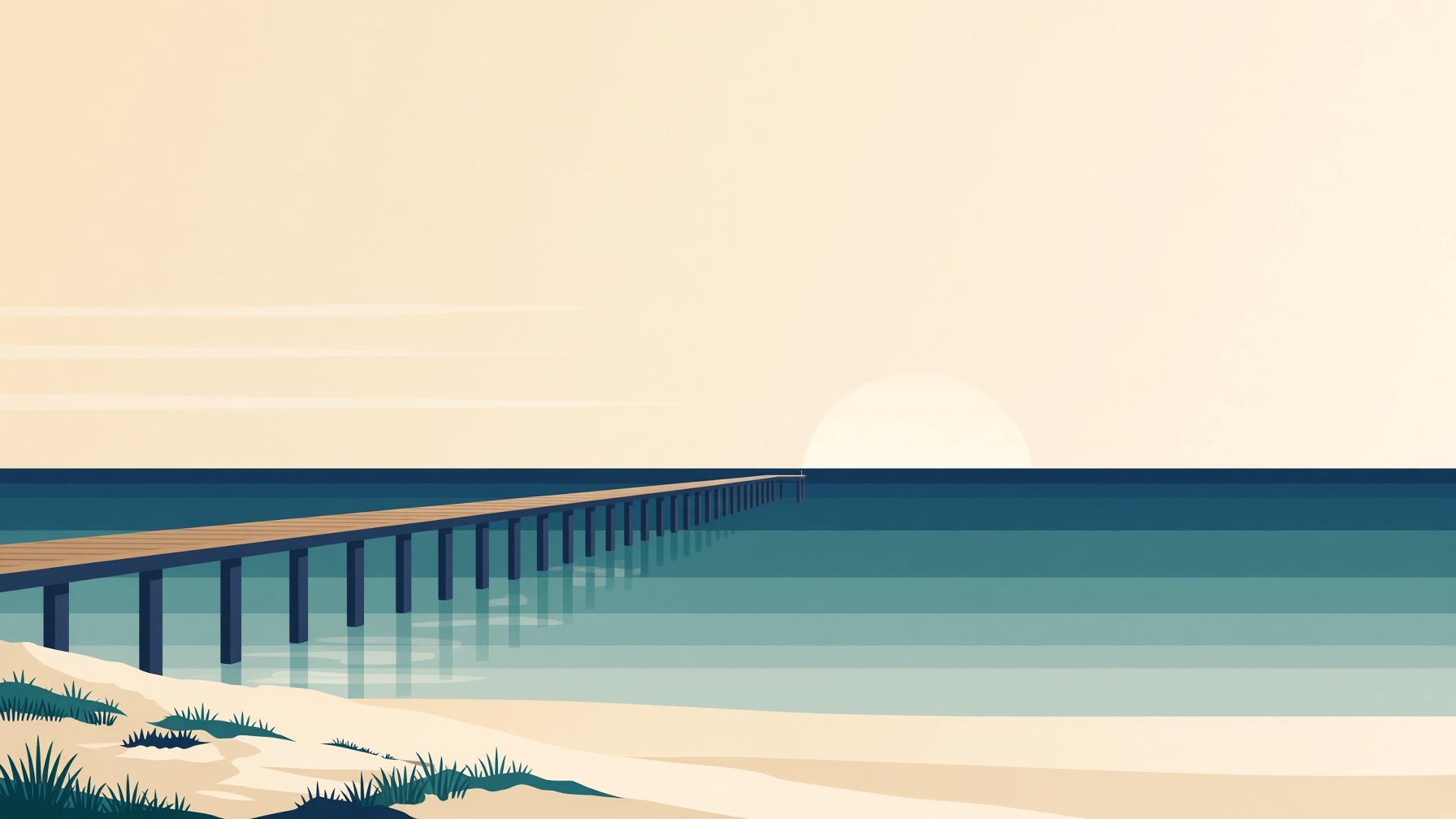 A long wooden jetty stretching into still water, with low dunes and a pale sun.